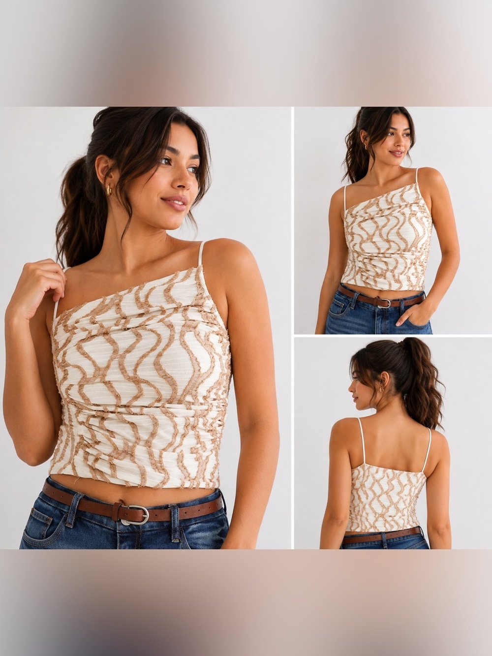 Free People Cream and Tan Asymmetric Strappy Crop Top
